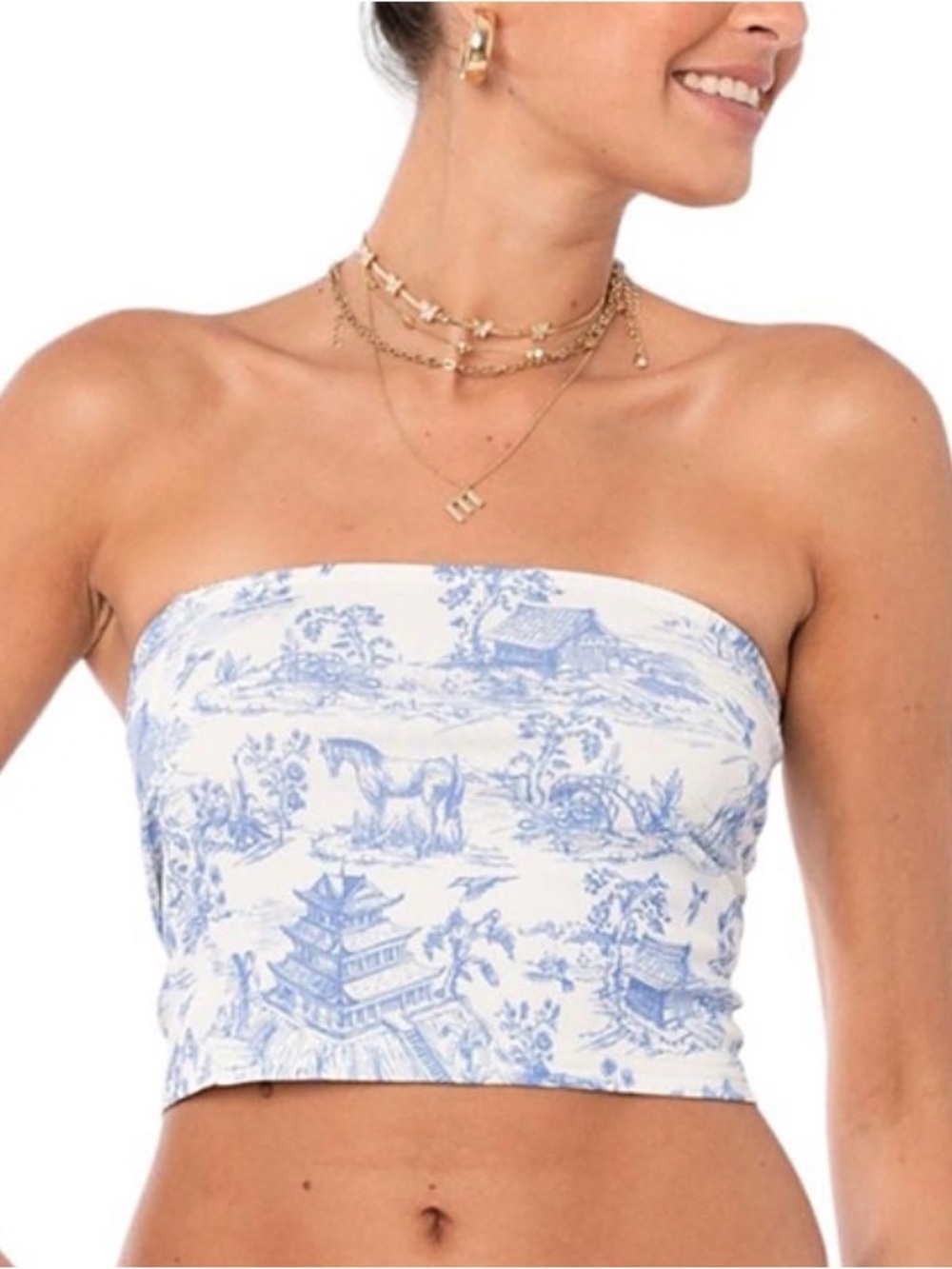 Edikted Delft Print Strapless Top